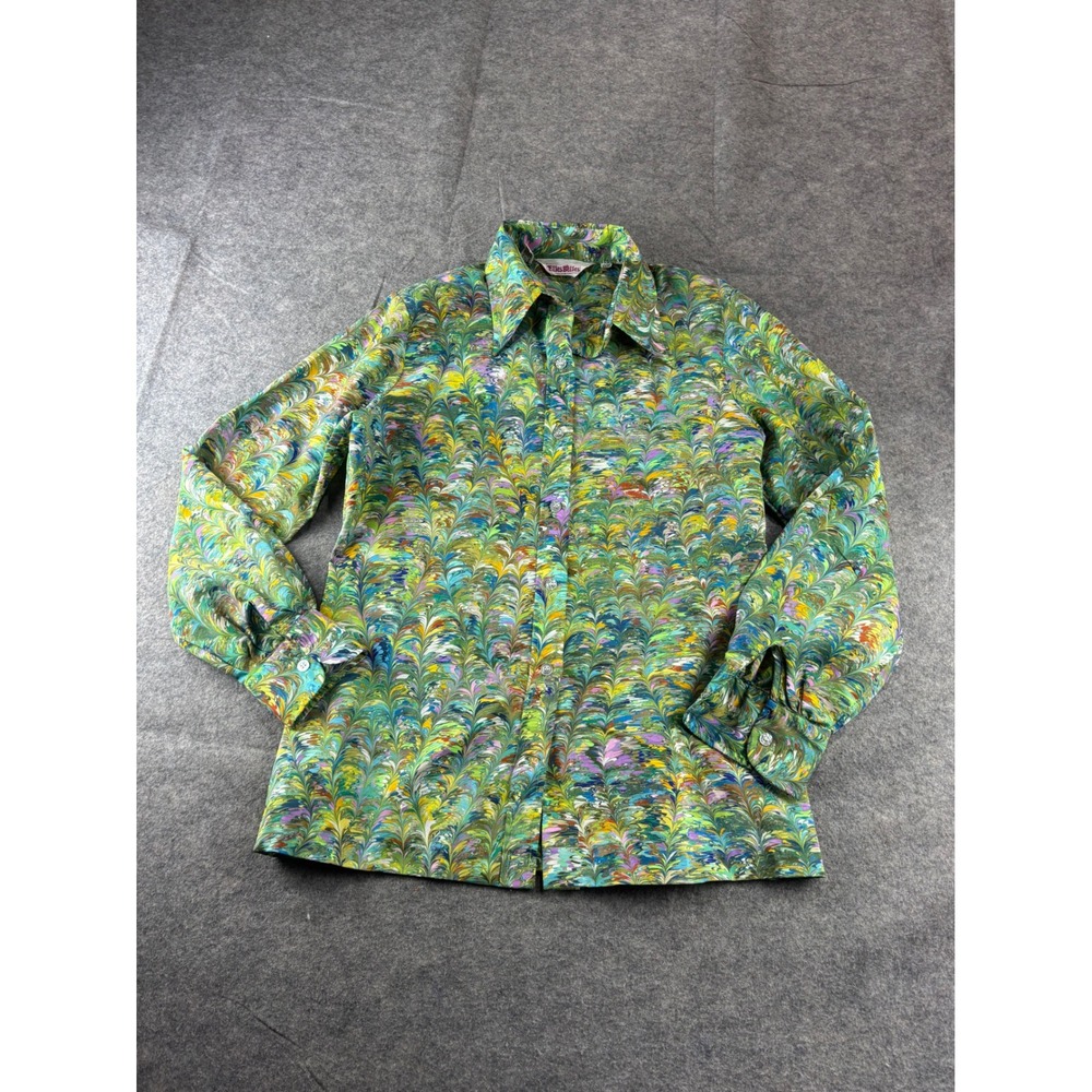 Vtg Elles Belles Marbled Psychedelic Artsy Blouse Green Jams World Style 13/14